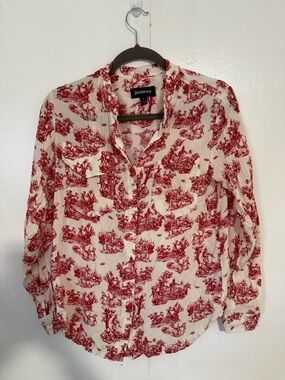 Betabrand Red Toile Robot Print Button-Front Blouse